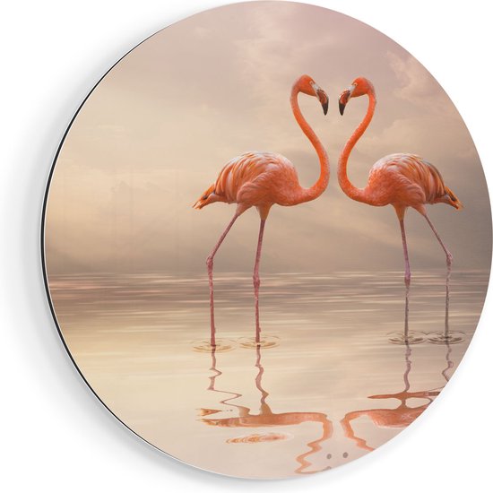 Artaza Dibond Muurcirkel Twee Flamingo's in een Hartjes Vorm  - Ø 50 cm - Klein - Wandcirkel - Rond Schilderij - Voor Binnen en Buiten