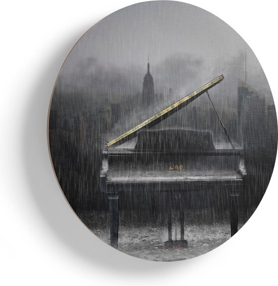 Artaza Houten Muurcirkel - Piano in de Regen voor een Stad - Ø 70 cm - Multiplex Wandcirkel - Rond Schilderij