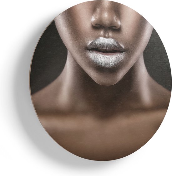 Artaza Houten Muurcirkel - Zilveren Lippen Van Een Afrikaanse Vrouw - Ø 70 cm - Multiplex Wandcirkel - Rond Schilderij