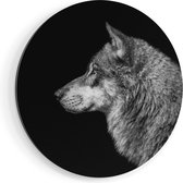 Artaza Dibond Muurcirkel Wolvenkop - Wolf - Zwart Wit - Ø 90 cm - Groot - Wandcirkel - Rond Schilderij - Voor Binnen en Buiten