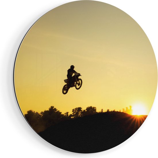 Artaza Dibond Muurcirkel Silhouet Van Een Motorcross Bij Zonsondergang - Ø 70 cm - Wandcirkel - Rond Schilderij - Voor Binnen en Buiten