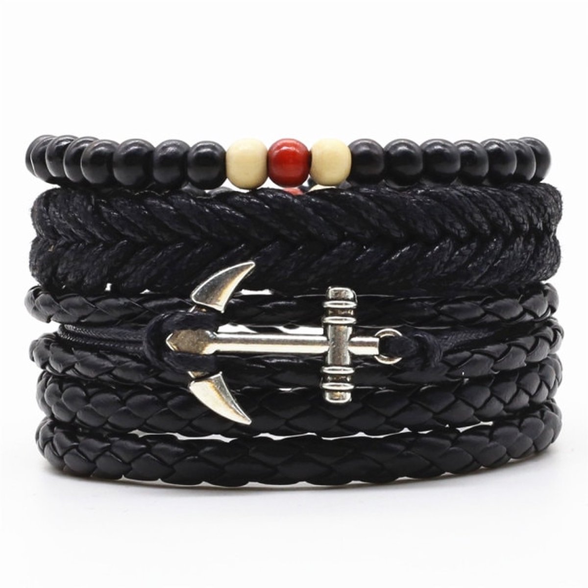 Leren armbanden set met houten kralen en touw | leren - natuurstenen - hout - kralen - geschenk | 20 - 25 cm flexibel Valentijns cadeau