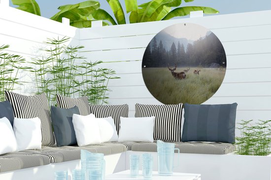 Garden Circle Forest - Cerf - Brouillard - 60x60 cm - Affiche de Jardin Ronde - Extérieur