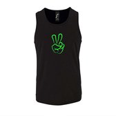 Zwarte Tanktop sportshirt met "Peace / Vrede teken" Print Neon Groen Size L