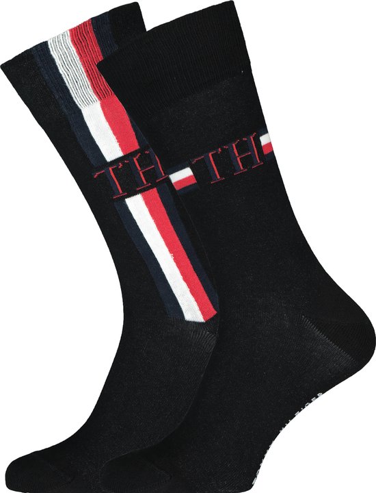 Tommy Hilfiger Iconic Logo Stripe Socks (2-pack) - herensokken katoen - zwart -  Maat:
