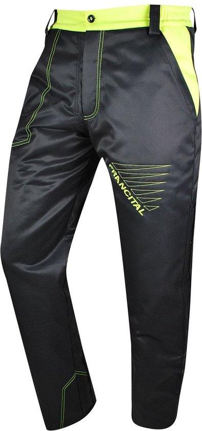 Pantalon de travail noir avec accents, coutures et logo jaune fluo. Ceinture jaune fluo.