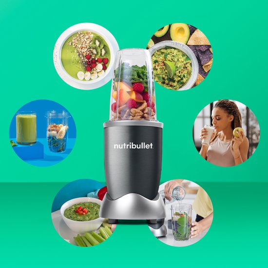 Nutribullet blender omringd door foto's van smoothies, guacamole en een vrouw met smoothie.