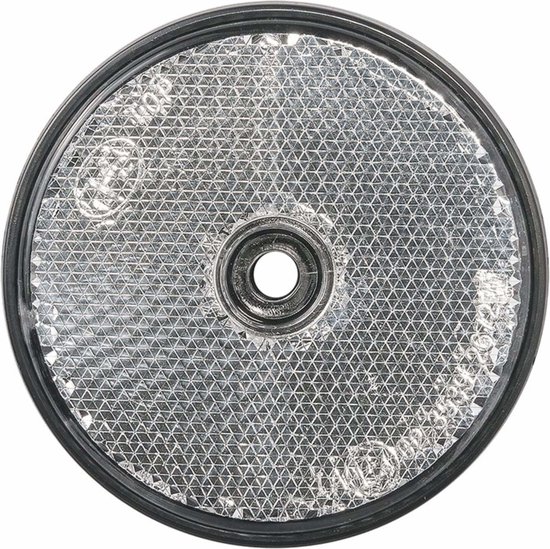 Witte, ronde reflector met rasterpatroon en centraal schroefgat.