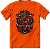 Wolf - Dieren Mandala T-Shirt | Lichtblauw | Grappig Verjaardag Zentangle Dierenkop Cadeau Shirt | Dames - Heren - Unisex | Wildlife Tshirt Kleding Kado | - Oranje - XL