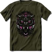 Wolf - Dieren Mandala T-Shirt | Roze | Grappig Verjaardag Zentangle Dierenkop Cadeau Shirt | Dames - Heren - Unisex | Wildlife Tshirt Kleding Kado | - Leger Groen - XL