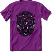 Wolf - Dieren Mandala T-Shirt | Donkerblauw | Grappig Verjaardag Zentangle Dierenkop Cadeau Shirt | Dames - Heren - Unisex | Wildlife Tshirt Kleding Kado | - Paars - XL