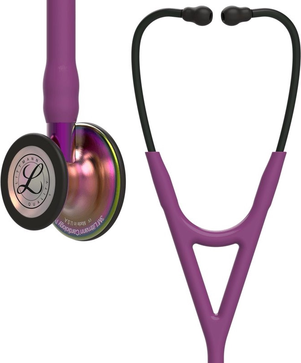 Goedkoopste Littmann Cardiology IV Stethoscoop, borststuk met regenboogafwerking, pruimkleurige slang, paarse steel en zwarte headset, 6205