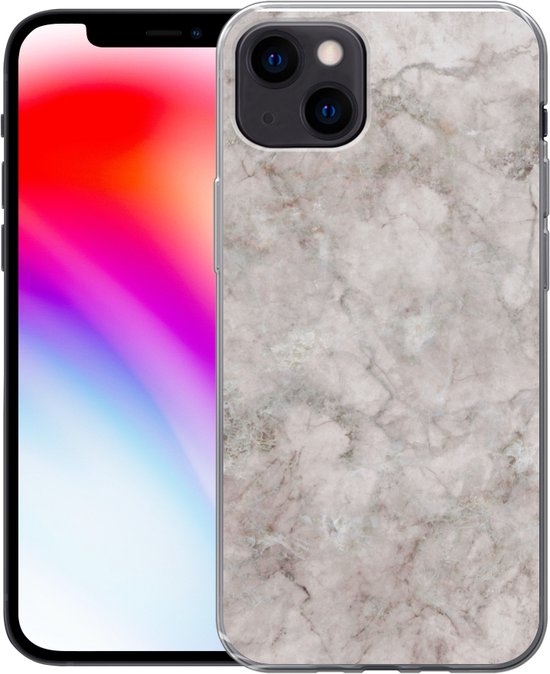 iPhone 13 met een doorzichtig hoesje met marmerprint, naast een smartphone.