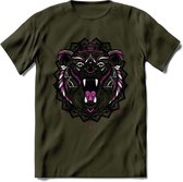 Beer - Dieren Mandala T-Shirt | Roze | Grappig Verjaardag Zentangle Dierenkop Cadeau Shirt | Dames - Heren - Unisex | Wildlife Tshirt Kleding Kado | - Leger Groen - S