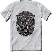 Wolf - Dieren Mandala T-Shirt | Rood | Grappig Verjaardag Zentangle Dierenkop Cadeau Shirt | Dames - Heren - Unisex | Wildlife Tshirt Kleding Kado | - Licht Grijs - Gemaleerd - XL