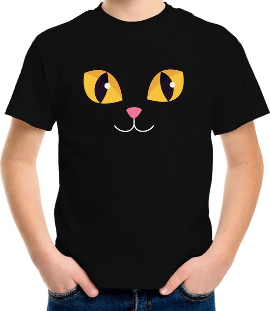 Kat / poes gezicht verkleed t-shirt zwart voor kinderen - Carnaval fun shirt / kleding / kostuum 110/116