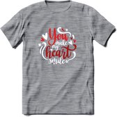 You Make My Heart Smile - Valentijn T-Shirt | Grappig Valentijnsdag Cadeautje voor Hem en Haar | Dames - Heren - Unisex | Kleding Cadeau | - Donker Grijs - Gemaleerd - M