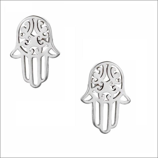 Aramat jewels ® - Zweerknopjes oorbellen hamsa hand zilverkleurig chirurgisch staal 10mm x 7mm