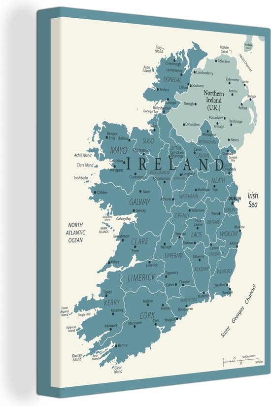 Tableau sur Toile Carte Bleue de l'Irlande - 60x80 cm - Décoration murale