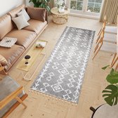 Tapiso Boho Loper Grijs Beige Modern Hoogpolig Kwastjes Woonkamer Vloerkleed Maat- 80x300