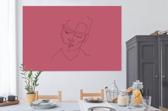 Canvas schilderij 180x120 cm - Wanddecoratie Line art - Man - Roze - Muurdecoratie woonkamer - Slaapkamer decoratie - Kamer accessoires - Schilderijen