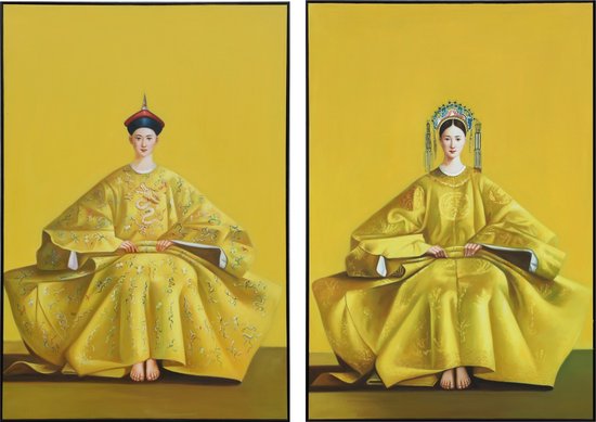Fine Asianliving Olieverf Schilderij 100% Handgeschilderd 3D met Reliëf Effect en Zwarte Omlijsting B90xH130cm Chinees Keizerspaar Set/2