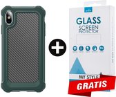 Backcover Shockproof Carbon Hoesje iPhone XS Legergroen - Gratis Screen Protector - Telefoonhoesje - Smartphonehoesje