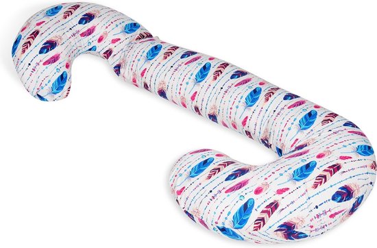 Voedingskussen - Body pillow - 240 cm - 100% katoen - roze en blauwe veren