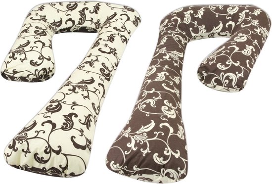 Voedingskussen - Zijslaapkussen - 235 cm - 100% katoen - crème bruin met blaadjes