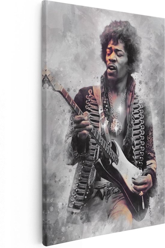 Artaza Canvas Schilderij Jimi Hendrix met zijn Gitaar - 80x120 - Groot - Muurdecoratie - Canvas Print