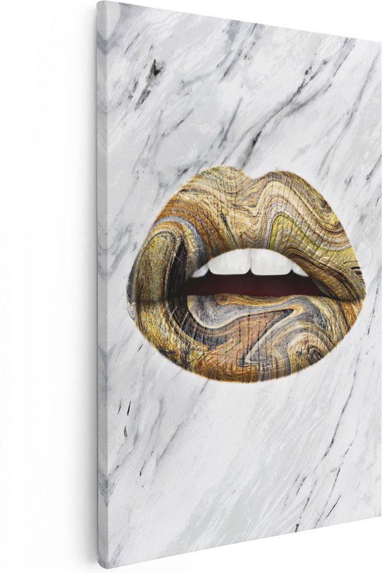 Artaza Canvas Schilderij Abstract Gouden Lippen - 40x60 cm - Wanddecoratie Slaapkamer - Poster Schilderijen - Muurdecoratie