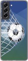 Geschikt voor Samsung Galaxy S21 FE hoesje - Een illustratie van een voetbal in het net -Jongens - Meisjes - Kinderen - Siliconen Telefoonhoesje