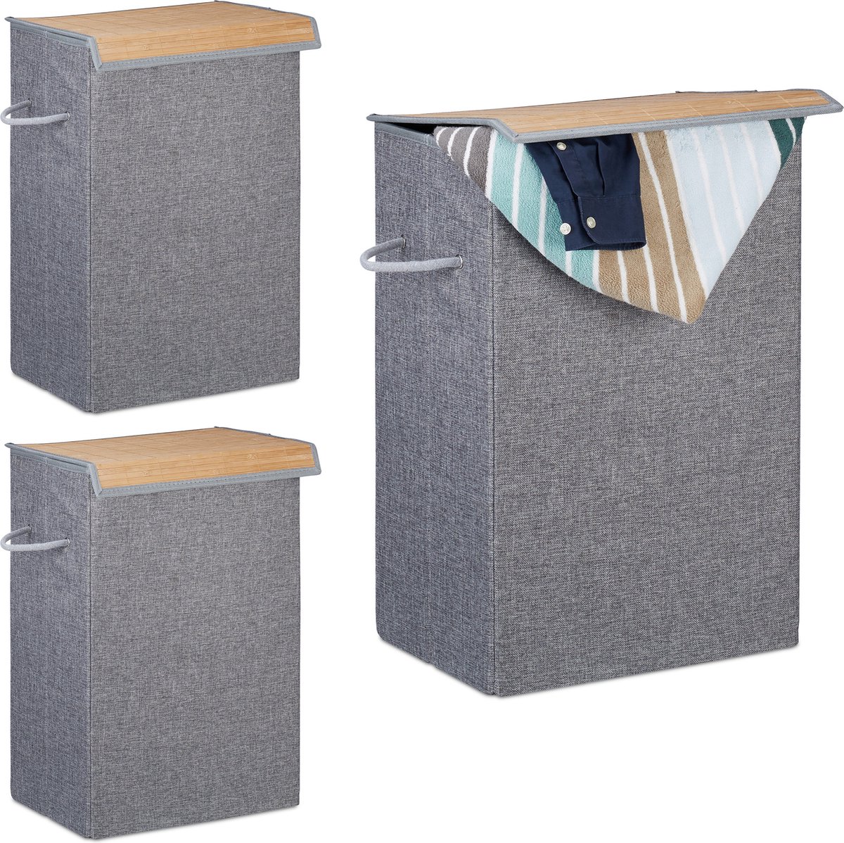 Goedkoopste 3x wasmand vouwbaar - deksel met klittenband - 60 liter - waszak - grijs