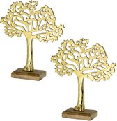 2x Stuks decoratie levensboom van aluminium op houten voet 30 cm goud - Tree of life