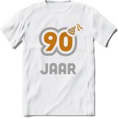 90 Jaar Feest T-Shirt | Goud - Zilver | Grappig Verjaardag Cadeau Shirt | Dames - Heren - Unisex | Tshirt Kleding Kado | - Wit - XXL