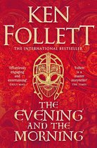 Boekomslag 'The Evening and the Morning' van Ken Follett. Rode achtergrond met gouden tekst en een gouden helm.