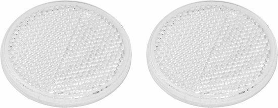 Twee ronde witte reflectoren met een patroon van kleine vierkantjes.