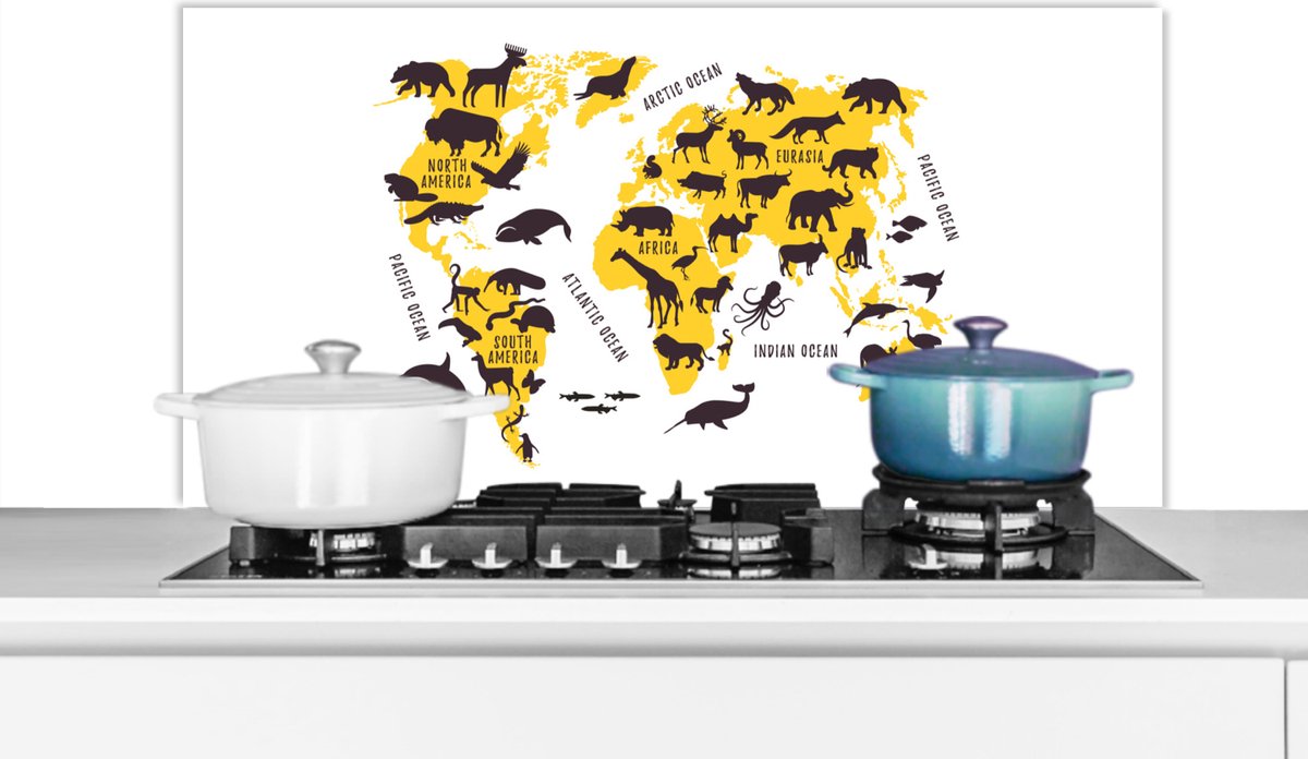KitchenYeah Spatscherm keuken 100x50 cm Kookplaat achterwand Wereldkaart Geel Dieren Muurbeschermer Spatwand fornuis Hoogwaardig aluminium