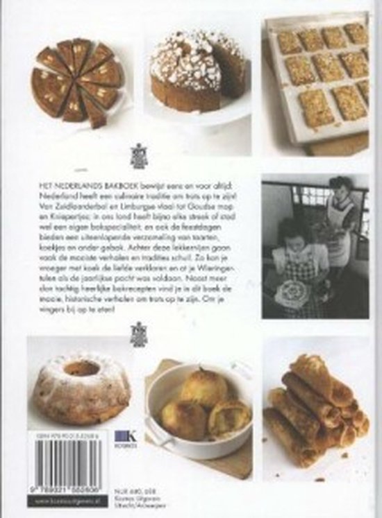 Achterkant van het boek 'Het Nederlands Bakboek' met afbeeldingen van diverse gebakken producten, waaronder een cake, koekjes, een tulband en wafeltjes.