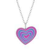 Zilveren ketting meisje | Zilveren ketting met hanger, hart in roze, paars en blauw