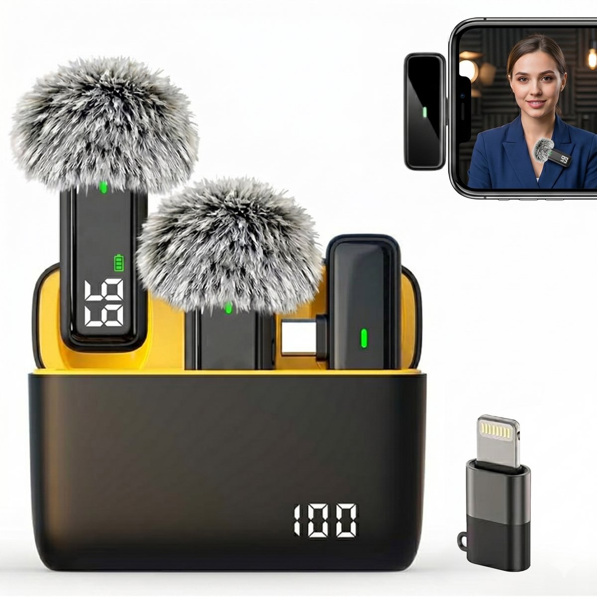 Fokelyi-Draadloze Microfoon-2 Stuks - Oplaadcase-Lange Batterij - USB-C/Lightning - 20 -30 Meter Bereik - Zwart