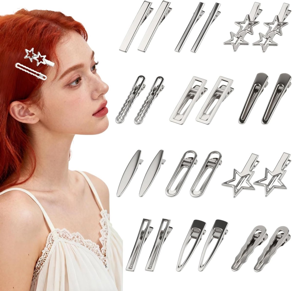 Set van 24 Zilveren Haarspelden voor Vrouwen met Geometrische Ontwerpen, Perfect voor Haarstyling en Kapsels in Salons en Thuisgebruik, Diverse Stijlen