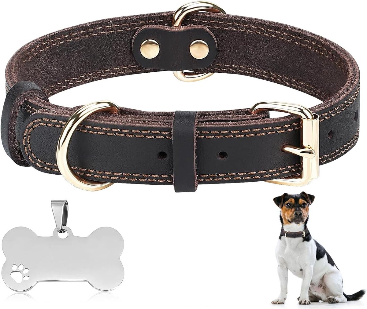 Verstelbare leren hondenhalsband met metalen gesp, 38-49 cm, zacht en sterk, vintage ontwerp voor kleine, middelgrote en grote hondenrassen, inclusief petlabel