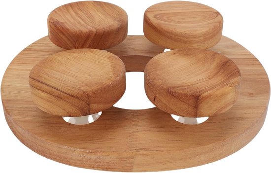 Houten hoofdsteun met vier ronde houten zittingen en een ronde basis.