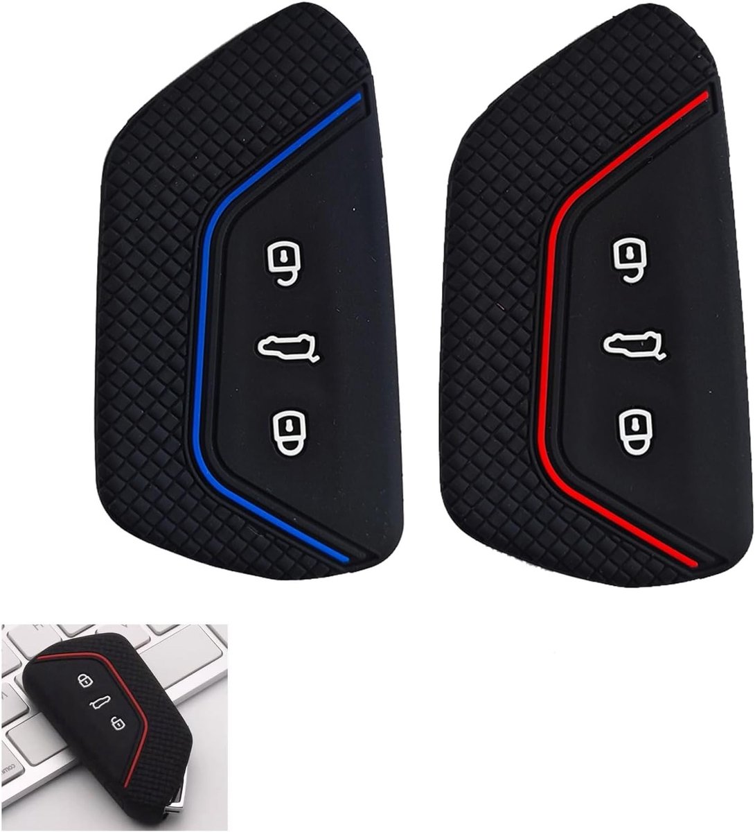Siliconen Sleutelhanger voor Auto, 3 Sleutels, Bescherming tegen Krassen en Slijtage voor VW Golf 8, E-Golf, ID3, ID4, GTI, Seat Leon MK4, Pack van 2 in Rood en Blauw