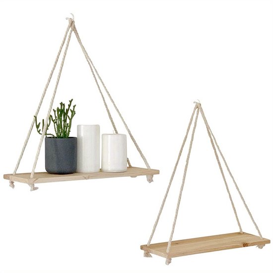 2 étagères suspendues bohèmes – Étagères triangulaires en corde – Étagères flottantes rustiques en bois pour chambre, salle de bain et salon – Décoration murale (Beige)
