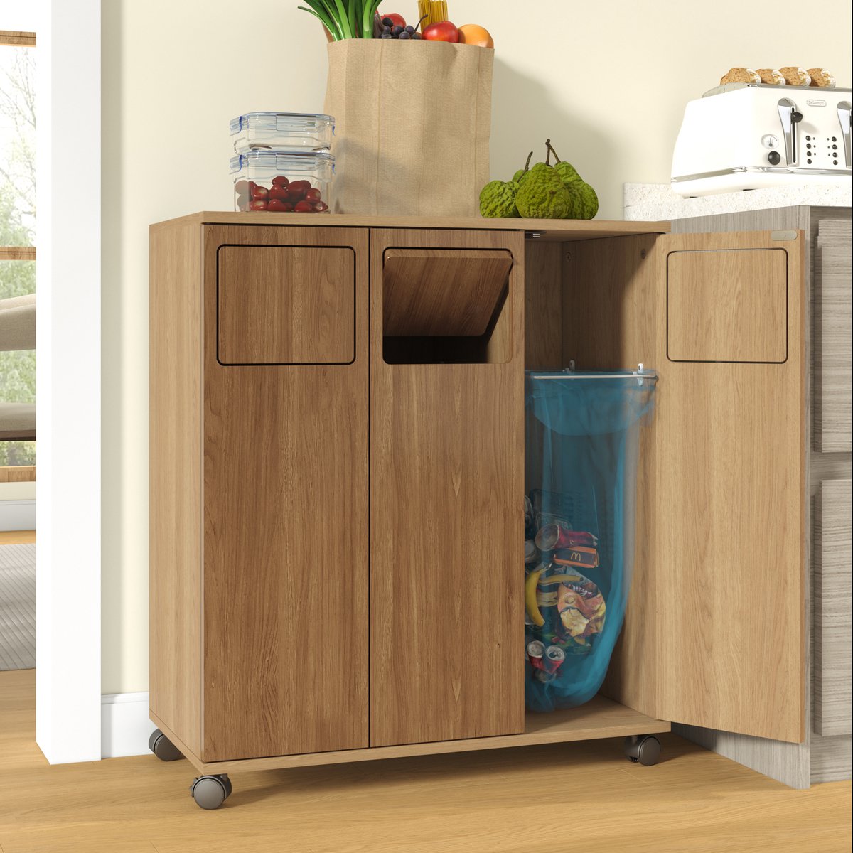 Pugsdrly afvalbak, 3-delige afvalbak, verrijdbare keukenkast in eikenhouten look, 3-deurs afvalbak met wieltjes, voor keuken & eetkamer, 69,3x35x80,3 cm