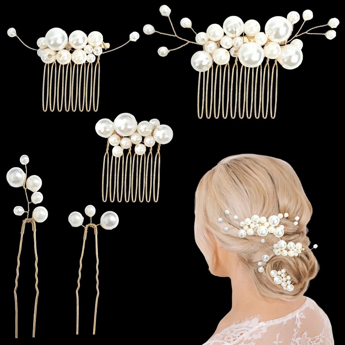 Elegante Haarspelden Set van 5 Gouden U-vormige Haarclips met Parels voor Bruidskapsels en Feestelijke Gelegenheden