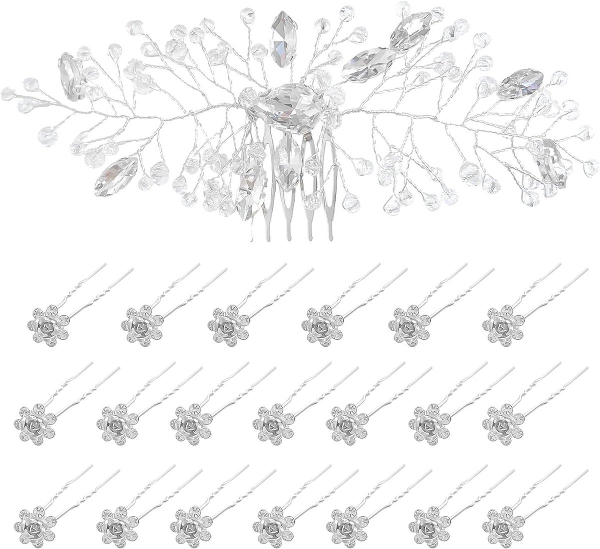 20 Stuks Rozen Haarspelden en 1 Zilveren Bruidskam, Haaraccessoires voor Bruiloft en Feestjes, Perfect voor Bruidsmeisjes en Prom
