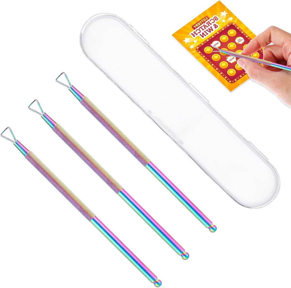 Lotto Krabtools met Opbergdoos, 3 Stuks, Roestvrijstalen Krabben Hulp voor Kleurrijke Labels en Stickers voor Loterij Coupons